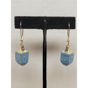 Dreidel Hook Earrings With Blue Enamel Gold Tone